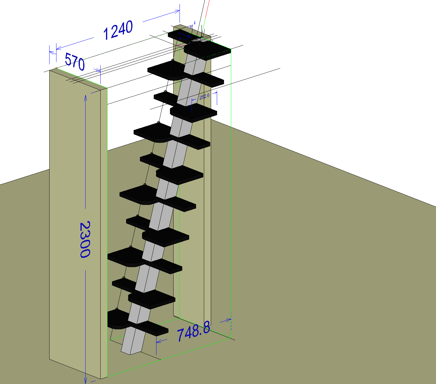 Escalier de meunier / escalier bateau – modélisation 3D cotée