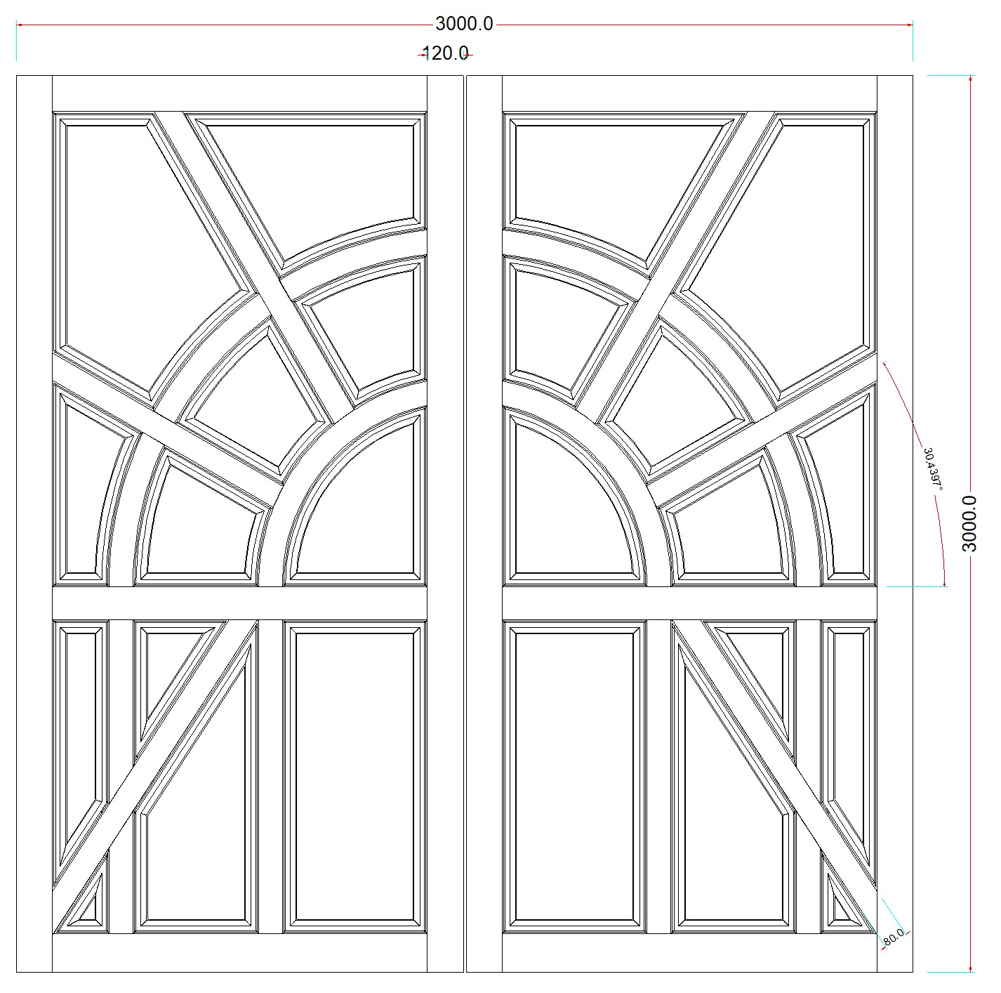 Portail double battant 3000 x 3000 mm avec décor géométrique cintré et traverses obliques