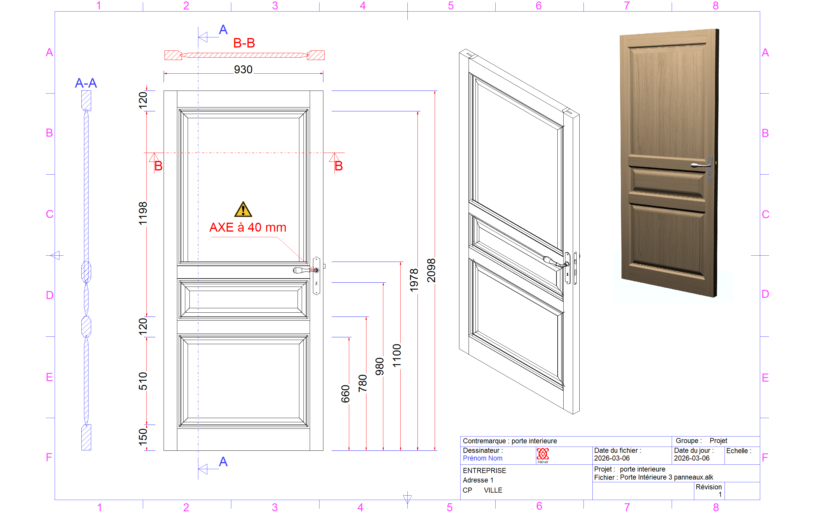 Logiciel de CAO menuiserie avec dessin technique, cotations et vue 3D de porte intérieure en bois